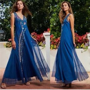 Johnny Was Mazzy Embroidered Mesh V Neck Sleeveless A Line Maxi Dress NEW